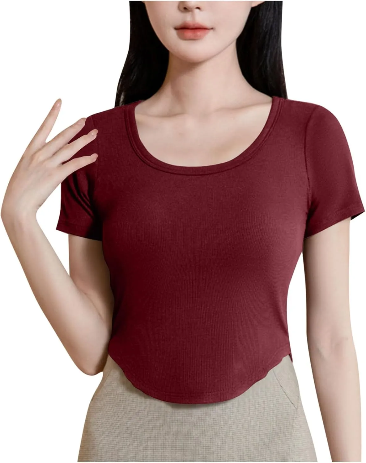 Ribbed Workout Crop Tops with Built in Bra Women's Casual Slim Fitness Short Sleeve Yoga Shirts U Neck Athletic Tees