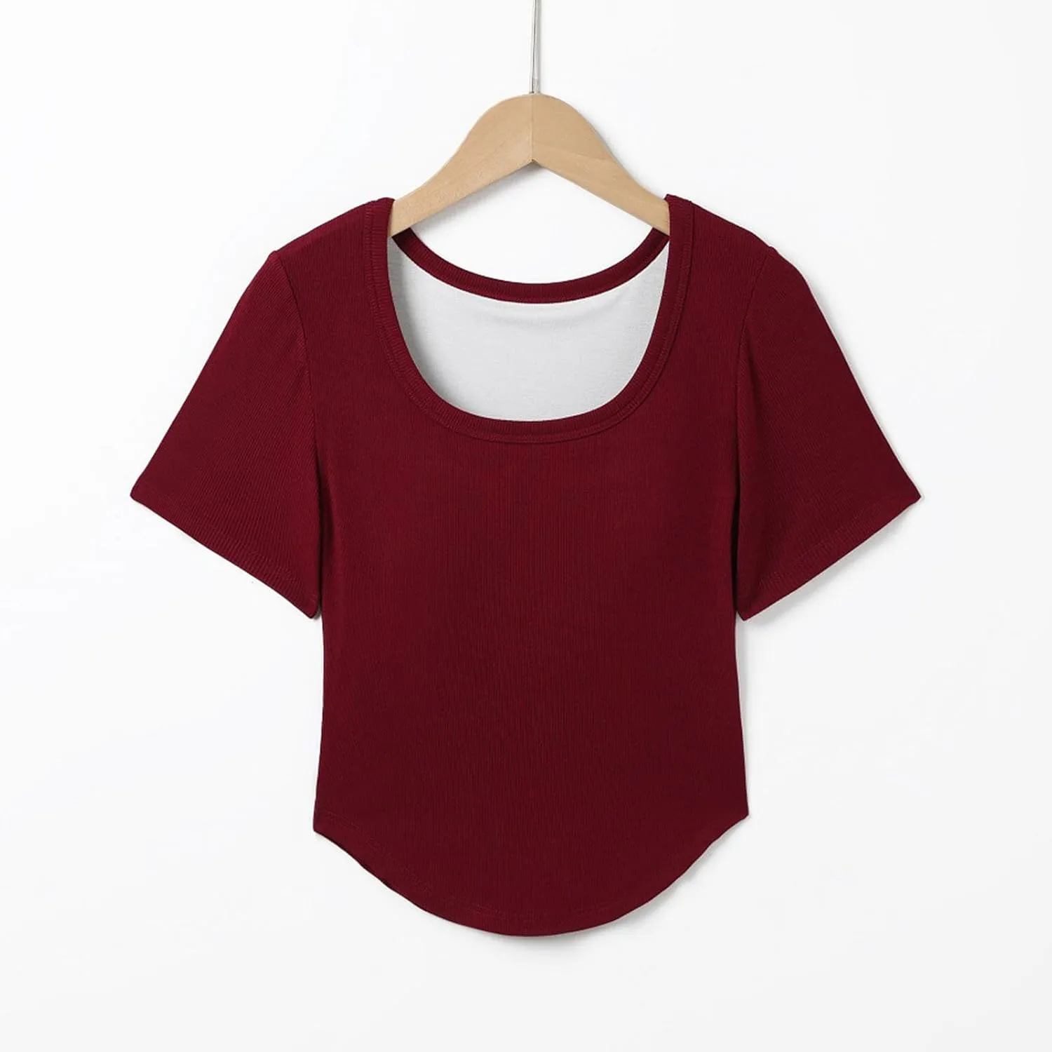 Ribbed Workout Crop Tops with Built in Bra Women's Casual Slim Fitness Short Sleeve Yoga Shirts U Neck Athletic Tees