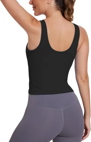 Ribbed Workout Tank Tops for Women with Built in Bra Padded Scoop Neck Slimming Athletic Tank Top