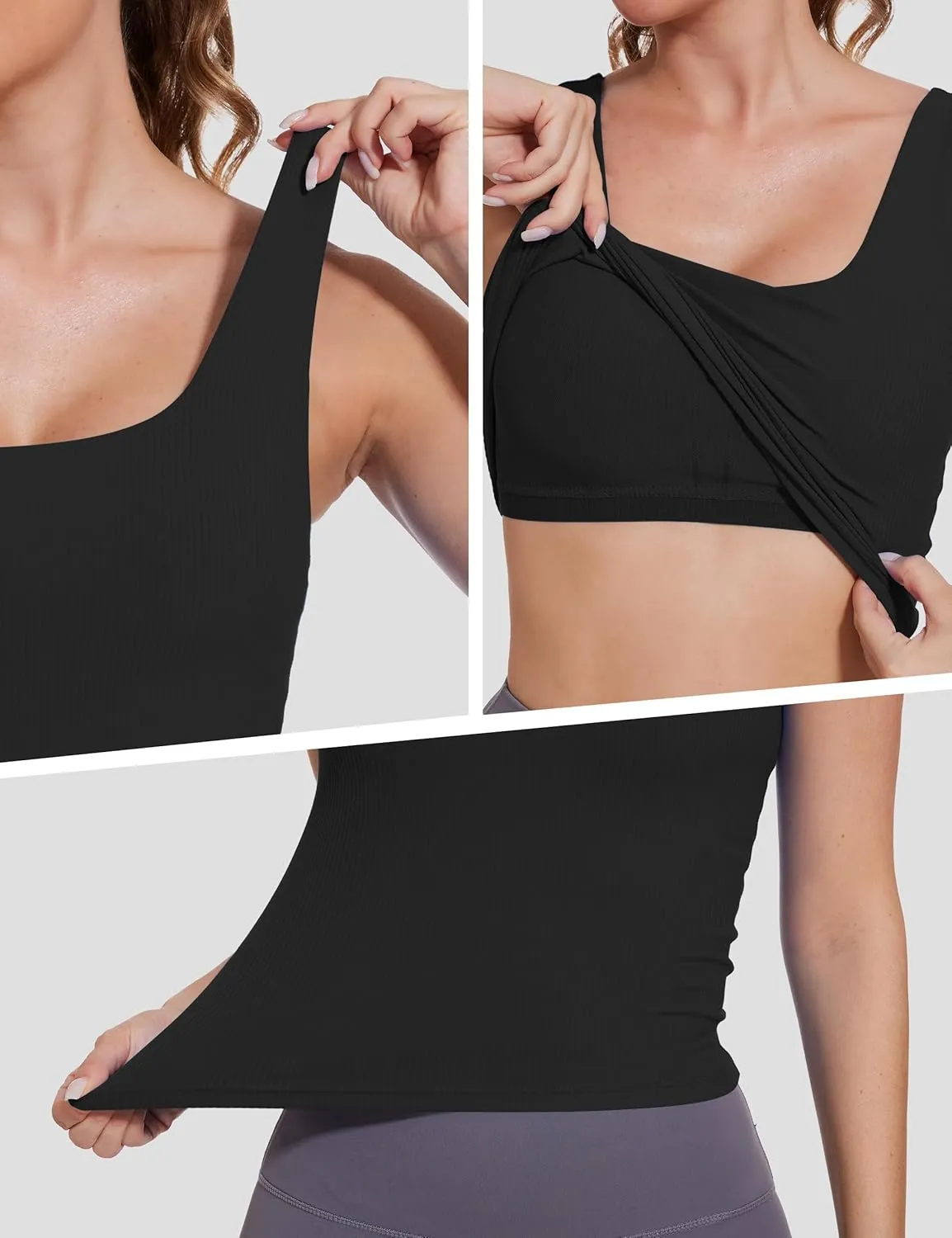 Ribbed Workout Tank Tops for Women with Built in Bra Padded Scoop Neck Slimming Athletic Tank Top