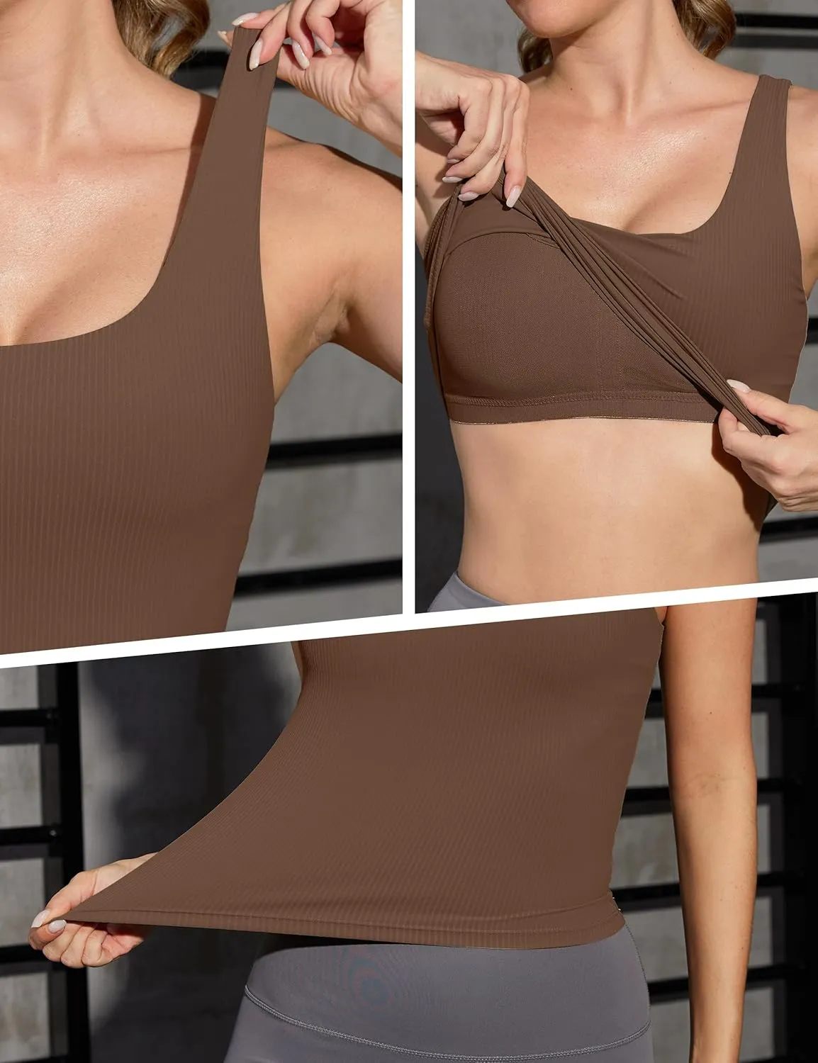 Ribbed Workout Tank Tops for Women with Built in Bra Padded Scoop Neck Slimming Athletic Tank Top