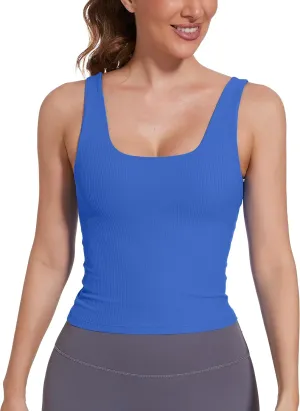 Ribbed Workout Tank Tops for Women with Built in Bra Padded Scoop Neck Slimming Athletic Tank Top