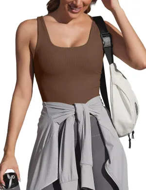 Ribbed Workout Tank Tops for Women with Built in Bra Padded Scoop Neck Slimming Athletic Tank Top
