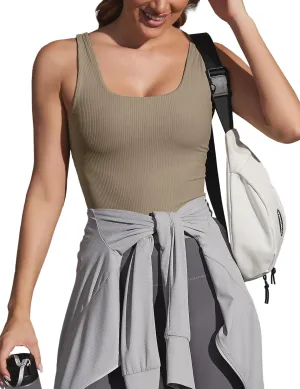 Ribbed Workout Tank Tops for Women with Built in Bra Padded Scoop Neck Slimming Athletic Tank Top