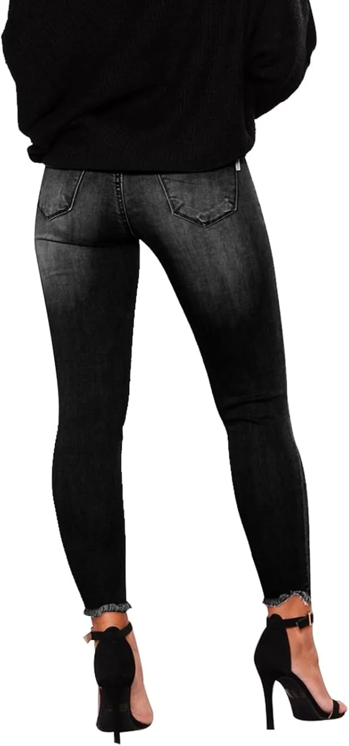 Ripped Jeans Womens Stretchy Low Rise Jeans Trendy Tummy Control Skinny Jeans Raw Hem Distressed Denim Leggings