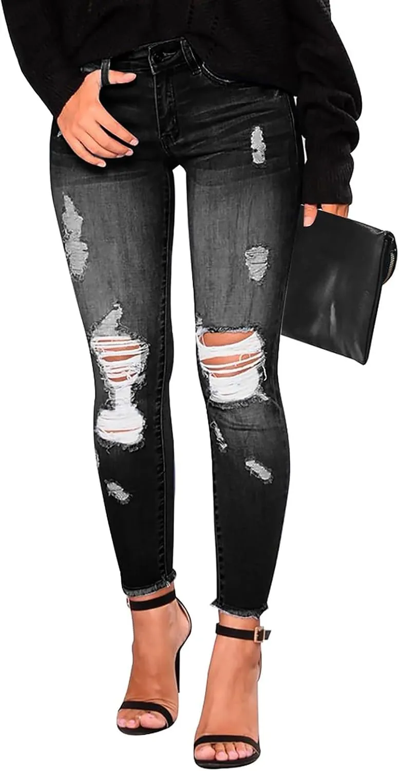 Ripped Jeans Womens Stretchy Low Rise Jeans Trendy Tummy Control Skinny Jeans Raw Hem Distressed Denim Leggings