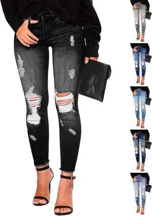 Ripped Jeans Womens Stretchy Low Rise Jeans Trendy Tummy Control Skinny Jeans Raw Hem Distressed Denim Leggings