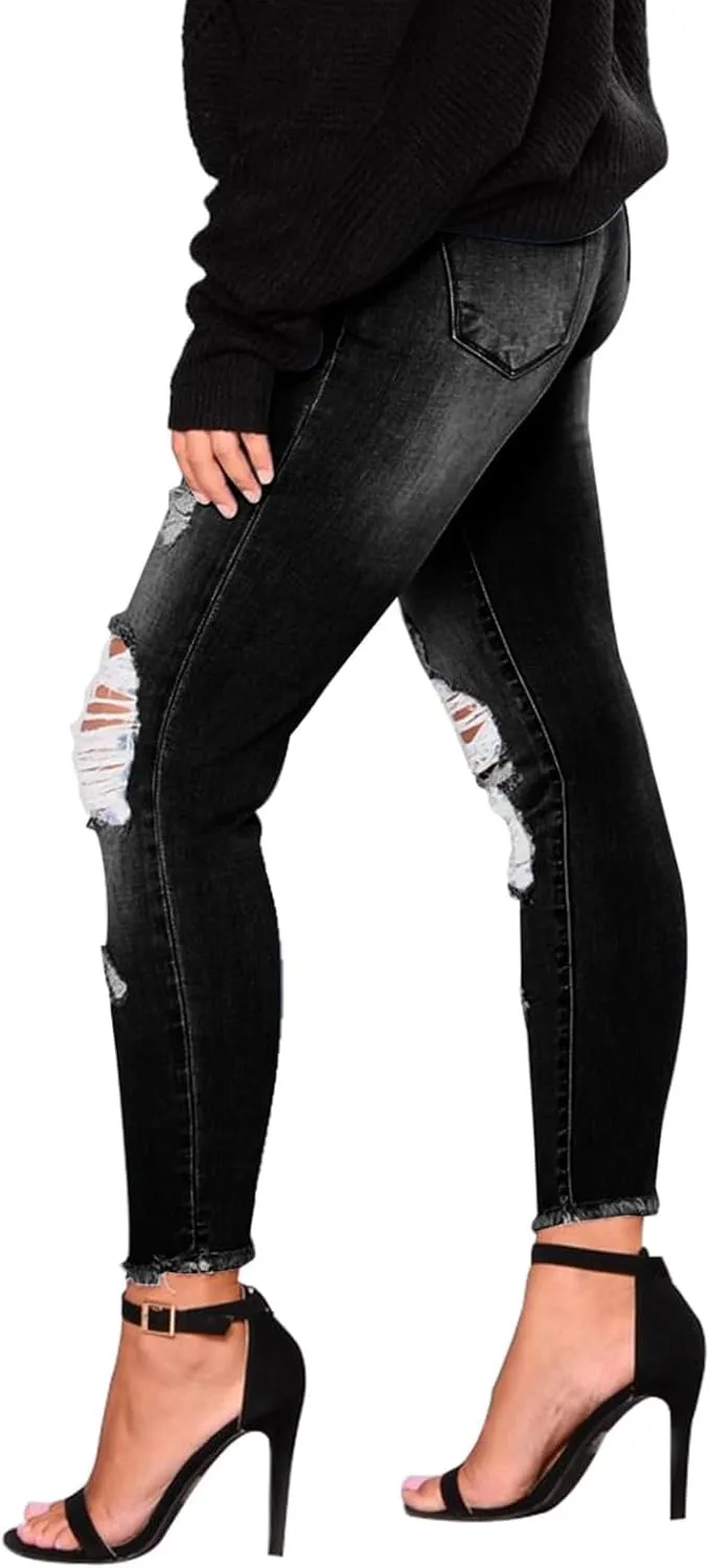Ripped Jeans Womens Stretchy Low Rise Jeans Trendy Tummy Control Skinny Jeans Raw Hem Distressed Denim Leggings