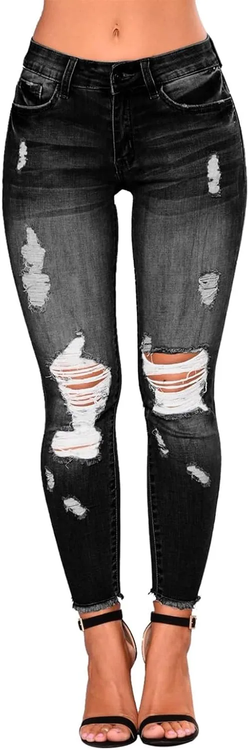 Ripped Jeans Womens Stretchy Low Rise Jeans Trendy Tummy Control Skinny Jeans Raw Hem Distressed Denim Leggings