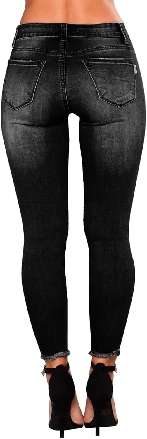 Ripped Jeans Womens Stretchy Low Rise Jeans Trendy Tummy Control Skinny Jeans Raw Hem Distressed Denim Leggings