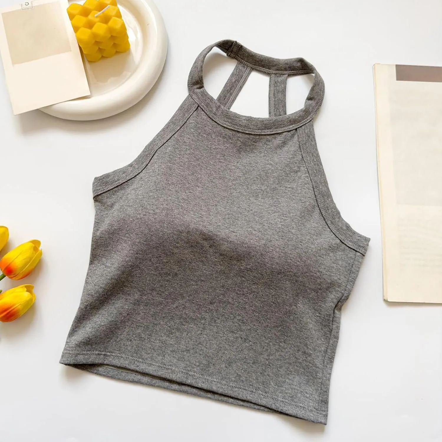 Sexy Halter Neck Crop Cami Tops Women Built in Shelf Bra Padded Tees Strappy Blouse Backless Bodycon Stretch Camisole