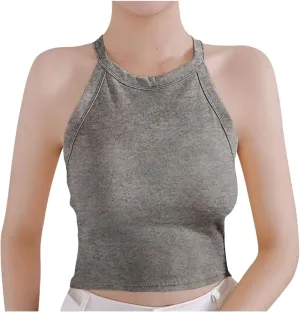 Sexy Halter Neck Crop Cami Tops Women Built in Shelf Bra Padded Tees Strappy Blouse Backless Bodycon Stretch Camisole
