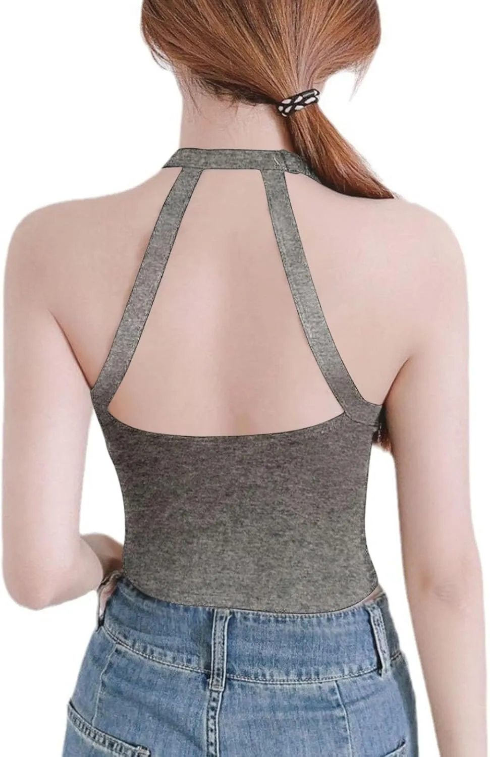 Sexy Halter Neck Crop Cami Tops Women Built in Shelf Bra Padded Tees Strappy Blouse Backless Bodycon Stretch Camisole