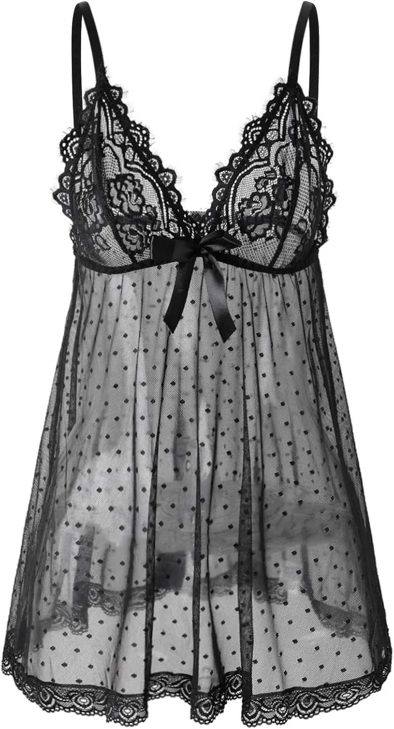Sexy lingerie Lace Babydoll Chemise, Black, Women's Sleepwear S-5XL