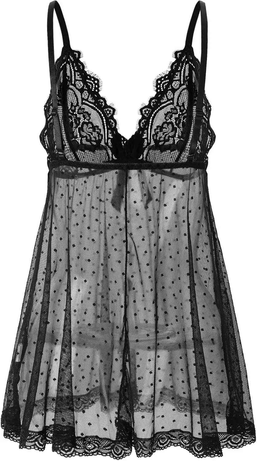Sexy lingerie Lace Babydoll Chemise, Black, Women's Sleepwear S-5XL