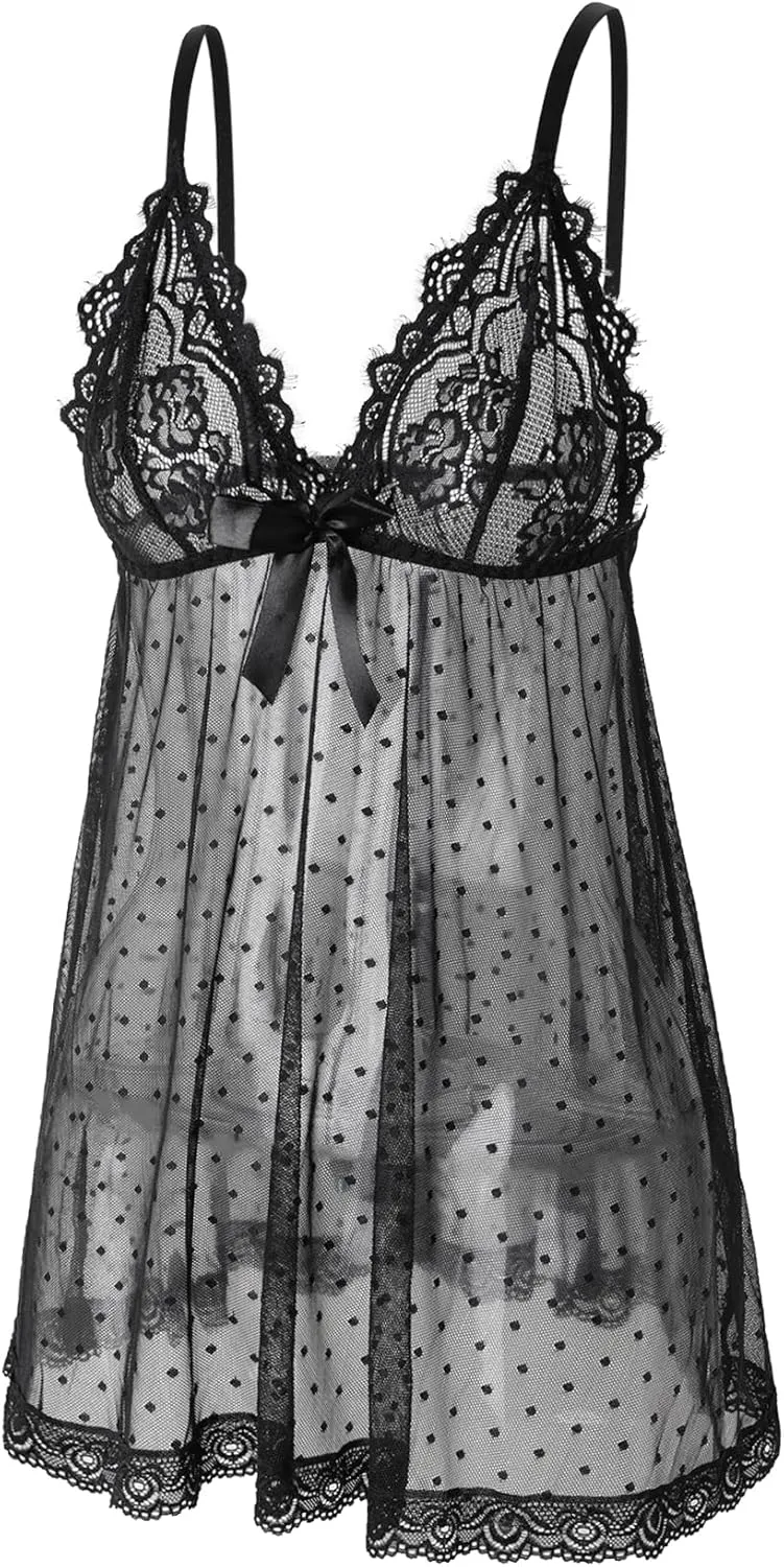 Sexy lingerie Lace Babydoll Chemise, Black, Women's Sleepwear S-5XL