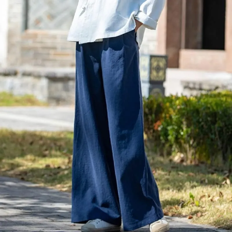Shanghai Story Women's Elastic High Waist Wide Leg Lounge Pants Palazzo Cotton Linen Casual Trousers with Pockets