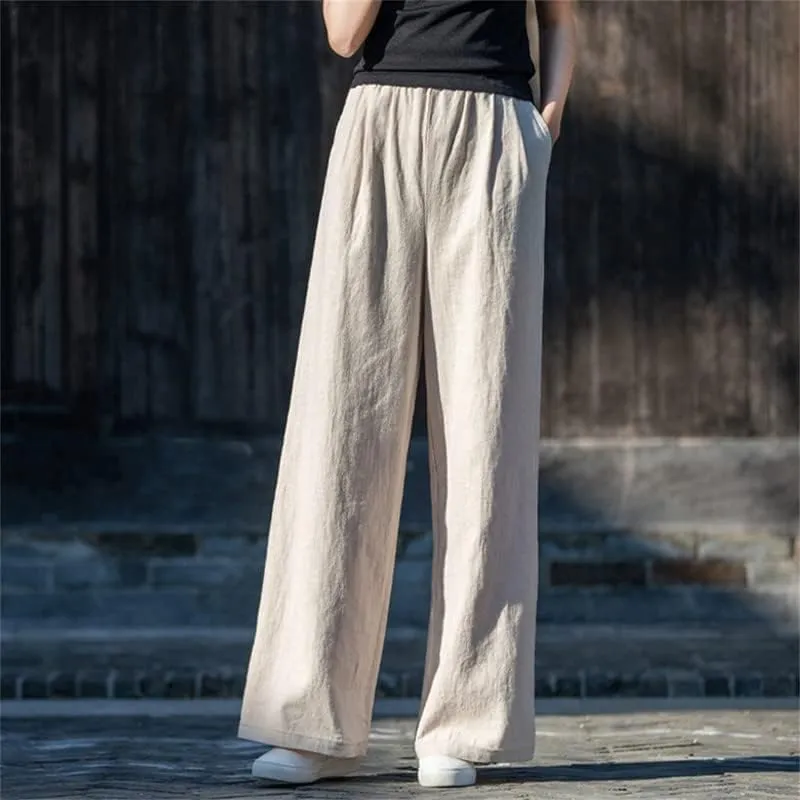 Shanghai Story Women's Elastic High Waist Wide Leg Lounge Pants Palazzo Cotton Linen Casual Trousers with Pockets