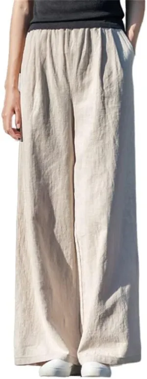 Shanghai Story Women's Elastic High Waist Wide Leg Lounge Pants Palazzo Cotton Linen Casual Trousers with Pockets