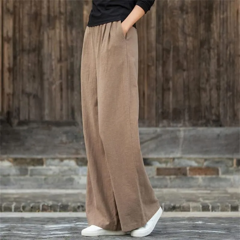 Shanghai Story Women's Elastic High Waist Wide Leg Lounge Pants Palazzo Cotton Linen Casual Trousers with Pockets