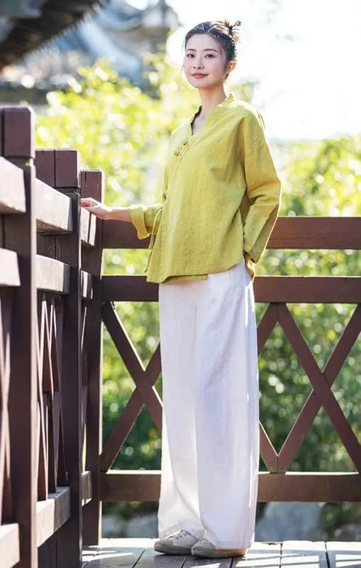 Shanghai Story Women's Elastic High Waist Wide Leg Lounge Pants Palazzo Cotton Linen Casual Trousers with Pockets