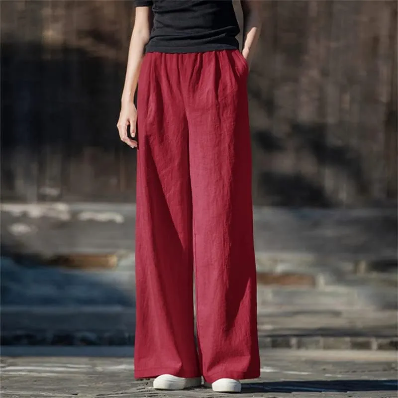 Shanghai Story Women's Elastic High Waist Wide Leg Lounge Pants Palazzo Cotton Linen Casual Trousers with Pockets