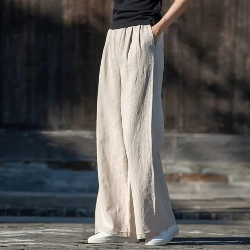 Shanghai Story Women's Elastic High Waist Wide Leg Lounge Pants Palazzo Cotton Linen Casual Trousers with Pockets