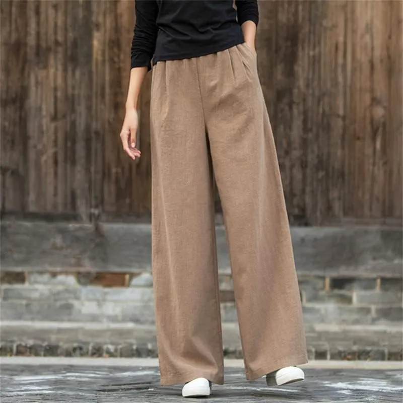 Shanghai Story Women's Elastic High Waist Wide Leg Lounge Pants Palazzo Cotton Linen Casual Trousers with Pockets