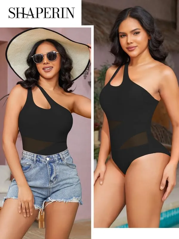 SHAPERIN Women One Piece Swimsuits Tummy Control One Shoulder Bathing Suits Cutout Asymmetrical Padded Swimwear