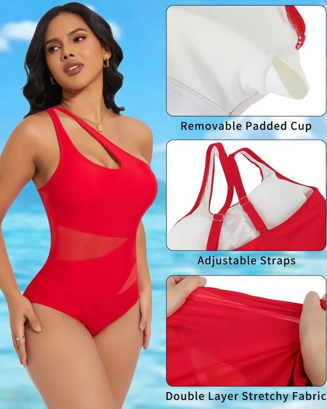 SHAPERIN Women One Piece Swimsuits Tummy Control One Shoulder Bathing Suits Cutout Asymmetrical Padded Swimwear