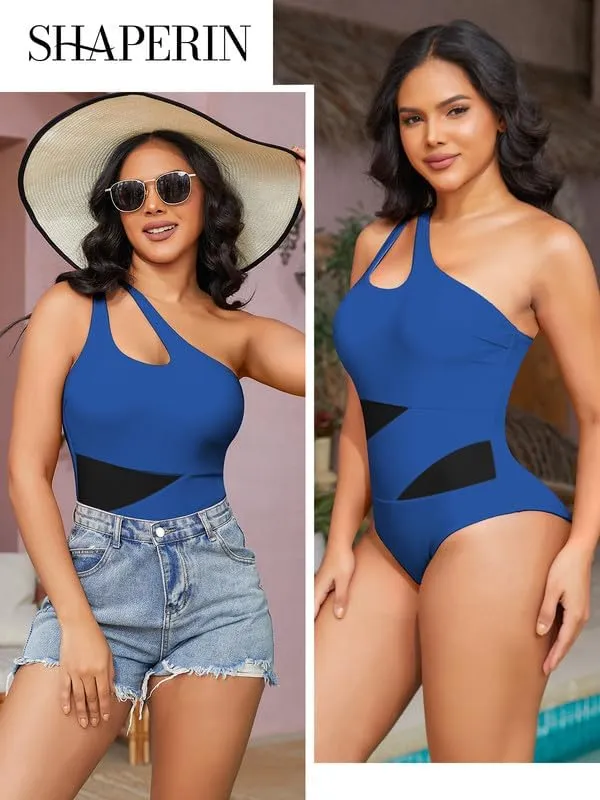 SHAPERIN Women One Piece Swimsuits Tummy Control One Shoulder Bathing Suits Cutout Asymmetrical Padded Swimwear