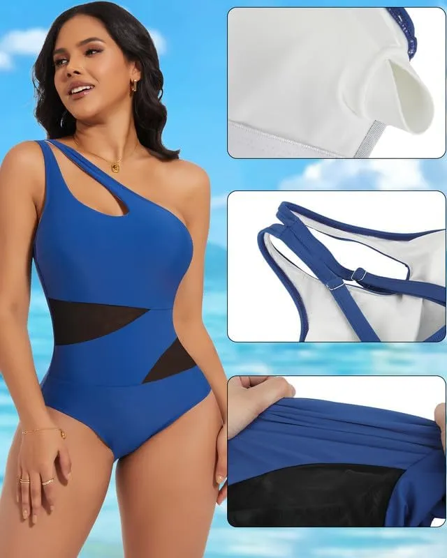 SHAPERIN Women One Piece Swimsuits Tummy Control One Shoulder Bathing Suits Cutout Asymmetrical Padded Swimwear