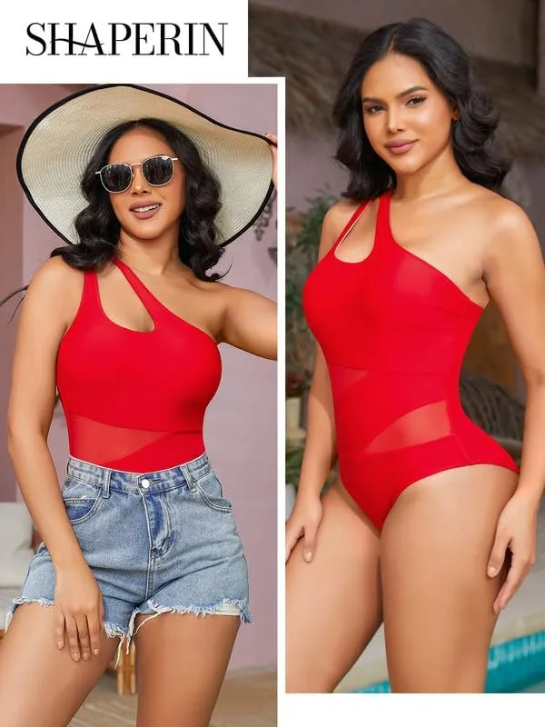 SHAPERIN Women One Piece Swimsuits Tummy Control One Shoulder Bathing Suits Cutout Asymmetrical Padded Swimwear