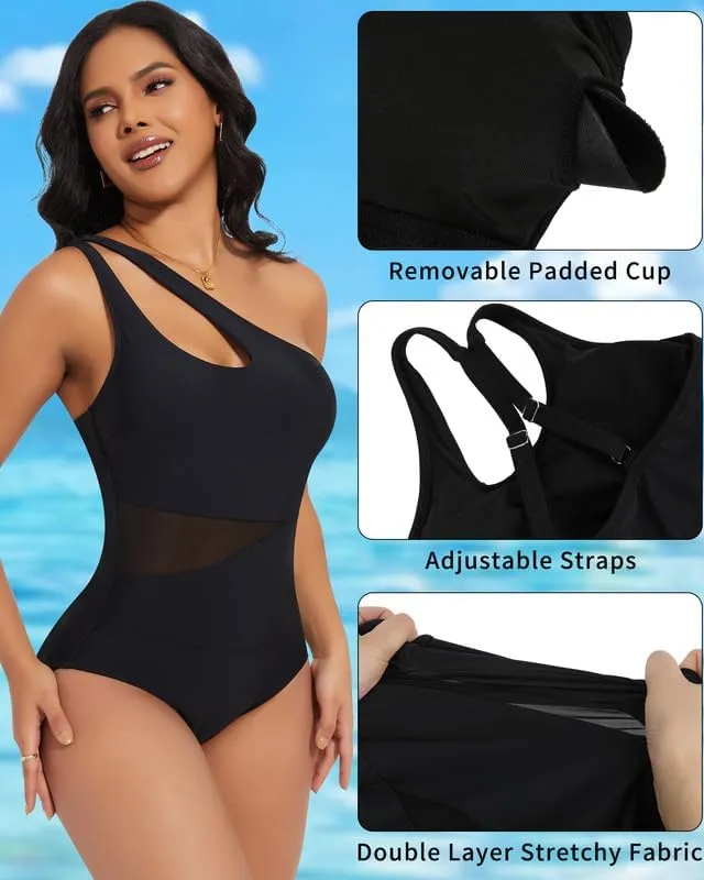 SHAPERIN Women One Piece Swimsuits Tummy Control One Shoulder Bathing Suits Cutout Asymmetrical Padded Swimwear