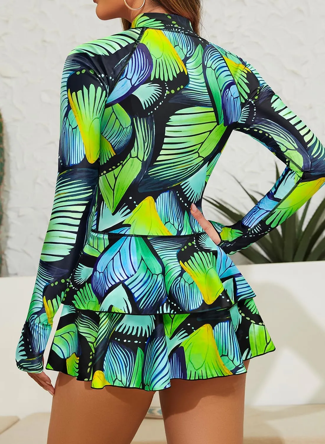 SHEKINI Women Long Sleeve Rash Guard Swimdress Thumb Holes Surfing Printed One Piece Zipper Skirted Swimsuit Swim Shirt