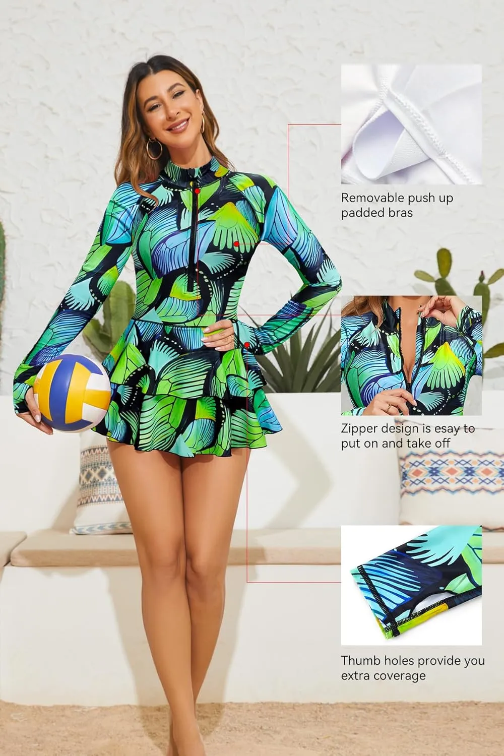 SHEKINI Women Long Sleeve Rash Guard Swimdress Thumb Holes Surfing Printed One Piece Zipper Skirted Swimsuit Swim Shirt