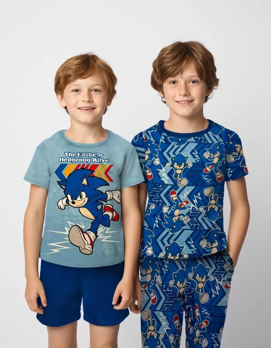 Sonic The Hedgehog 4 Piece Pajama Set - Boys PJs Short Sleeve Shirt, Shorts & Pants - Kids Sleepwear Set - Official License