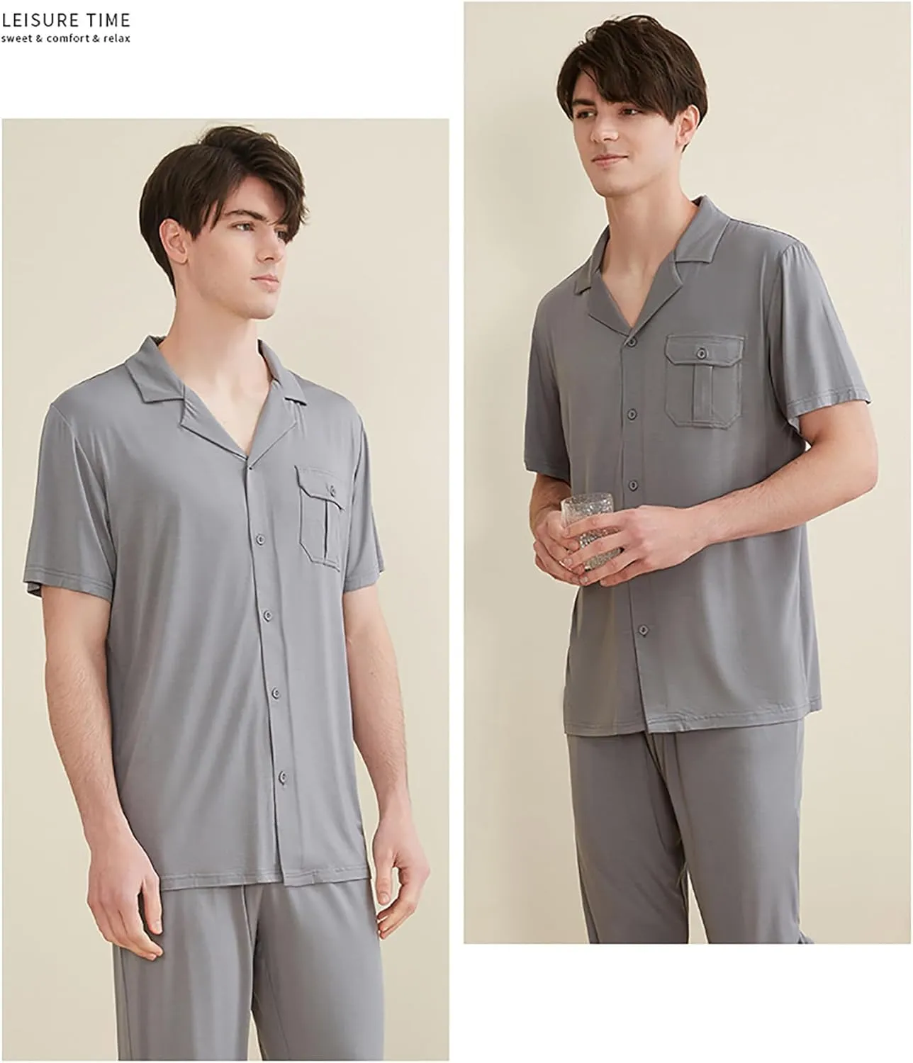 SoptoToxodo Men's Modal Pajamas Button Down Sleepwear Short Sleeve Lounge Wear Top and Long Pants Pajama Set