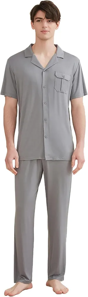 SoptoToxodo Men's Modal Pajamas Button Down Sleepwear Short Sleeve Lounge Wear Top and Long Pants Pajama Set
