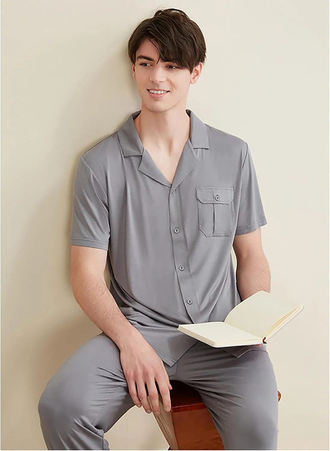 SoptoToxodo Men's Modal Pajamas Button Down Sleepwear Short Sleeve Lounge Wear Top and Long Pants Pajama Set