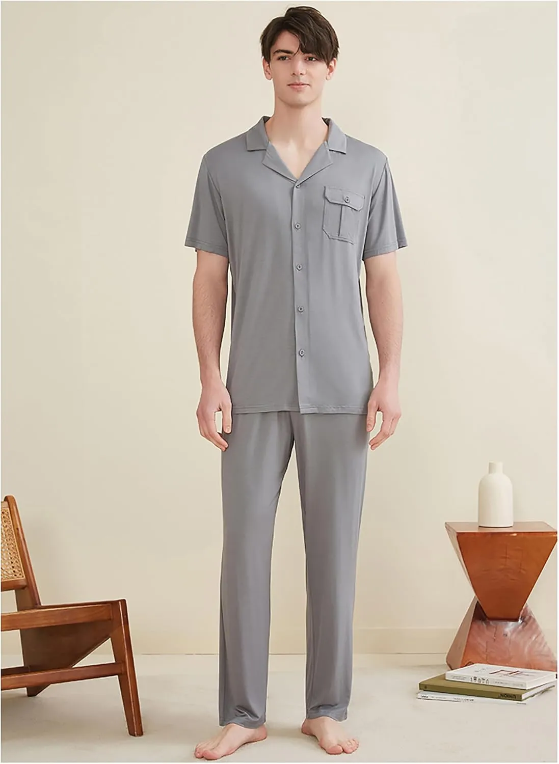 SoptoToxodo Men's Modal Pajamas Button Down Sleepwear Short Sleeve Lounge Wear Top and Long Pants Pajama Set