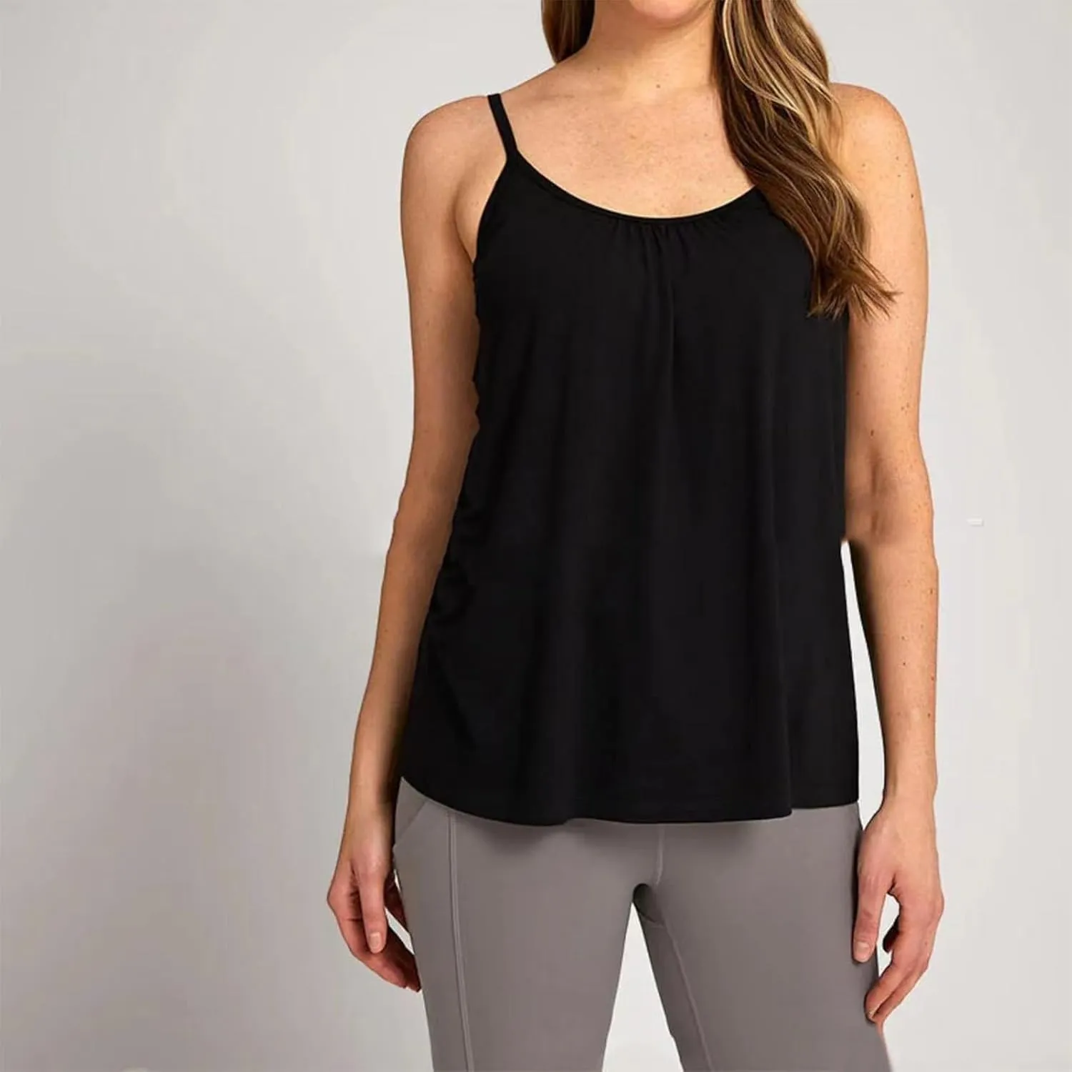 Spaghetti Strap Tank Tops for Women with Built in Bras Solid Casual Sleeveless Loose Fit Flowy Basic Camisole Tops