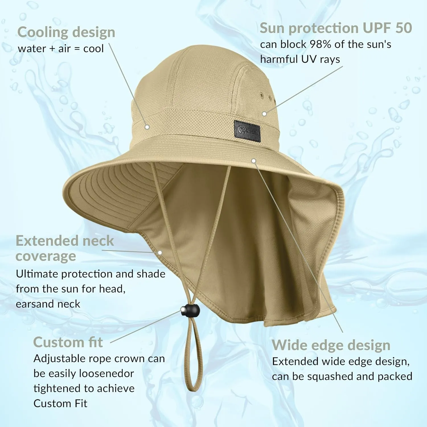 Sukeen Cooling Sun Hat for Men Women UPF50  Wide Brim Fishing Hat with Neck Flap Adjustable Foldable Bucket Hat for Hiking