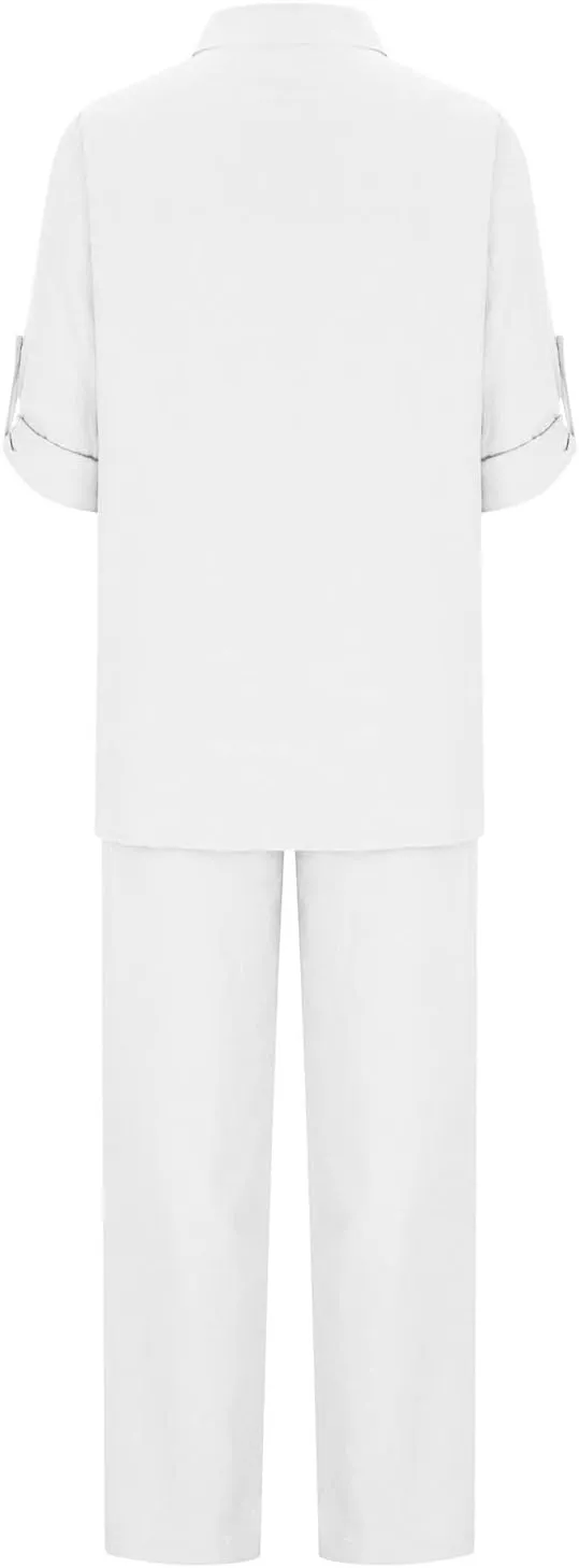 Summer Cotton Linen 2 Piece Outfits for Women Casual Long Sleeve Tshirts Top and Long Pants Business Work Suits