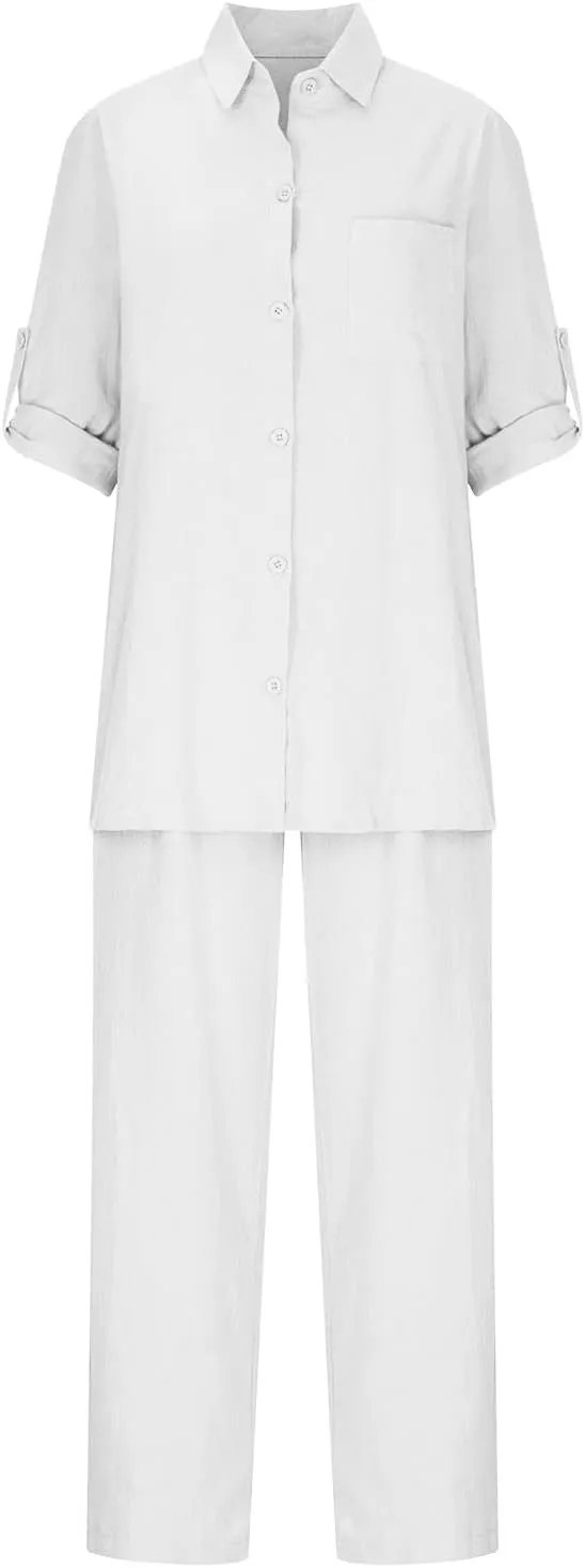 Summer Cotton Linen 2 Piece Outfits for Women Casual Long Sleeve Tshirts Top and Long Pants Business Work Suits
