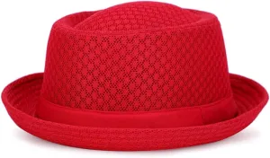 Summer Mesh Pork Pie Hat Trilby Fedora Hat for Men Women Roll-Brim Travel Beach Sun Hat Vintage Bowler Derby Cap UPF 50 