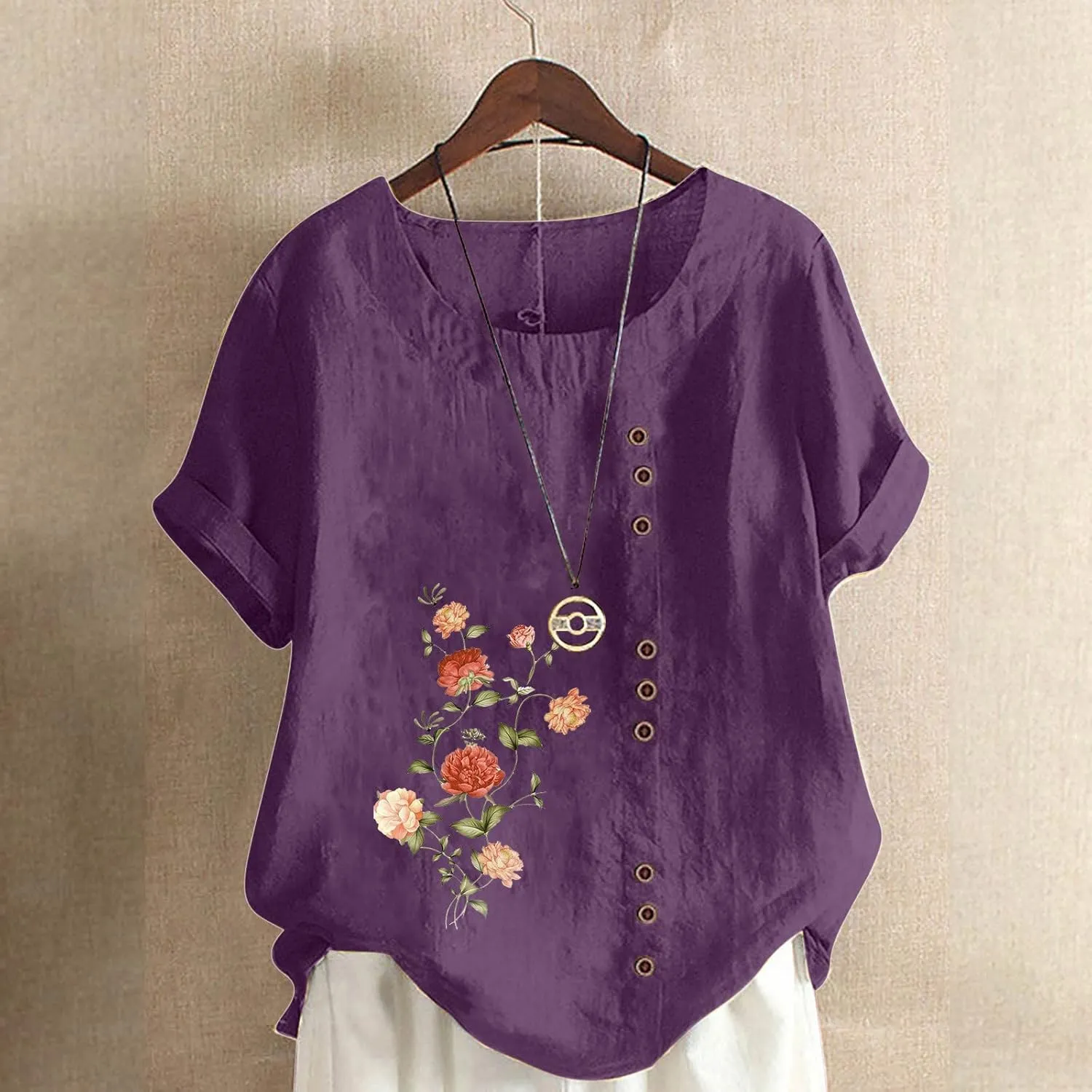 Summer Women Cotton Linen T-Shirts Casual Retro Flower Print Blouses Top Short Sleeve Crewneck Loose Tunic Comfy Soft Tee