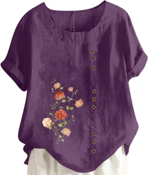 Summer Women Cotton Linen T-Shirts Casual Retro Flower Print Blouses Top Short Sleeve Crewneck Loose Tunic Comfy Soft Tee