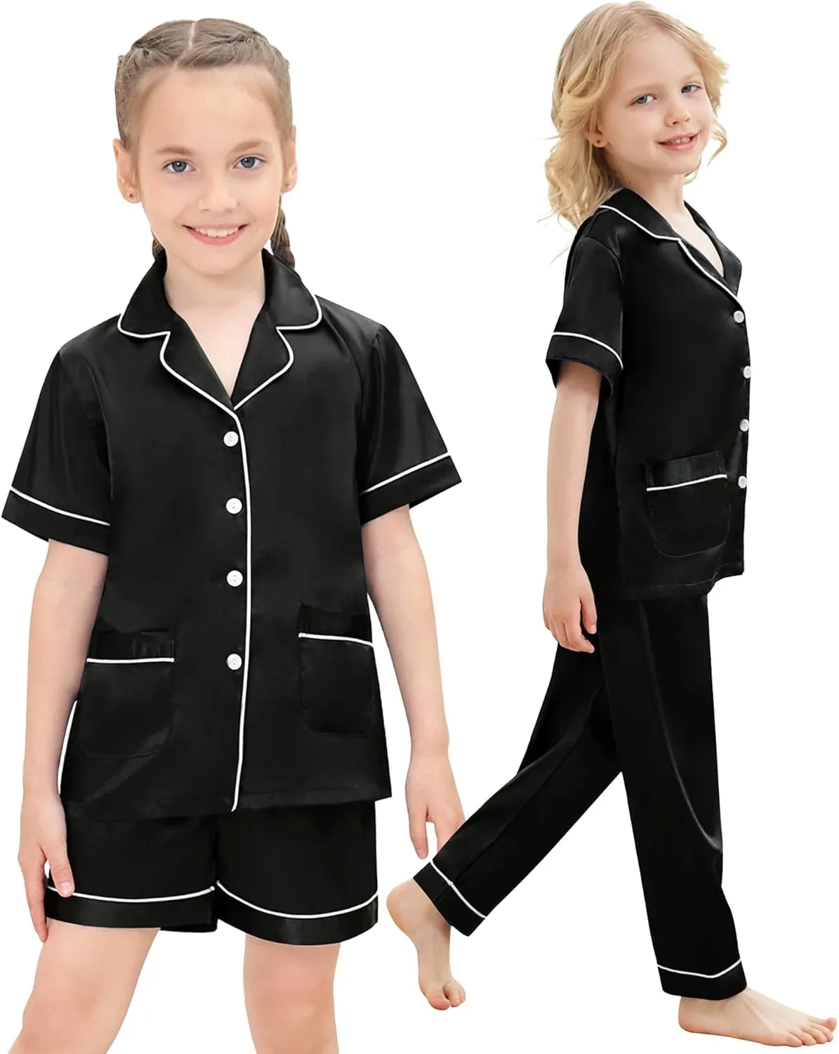 SWOMOG Kids Satin Pajamas Set 3Pcs Girls Boy Silk Pjs Set with 2 Pockets Short Sleeve Cute Button Down Sleepwear 4T-13T