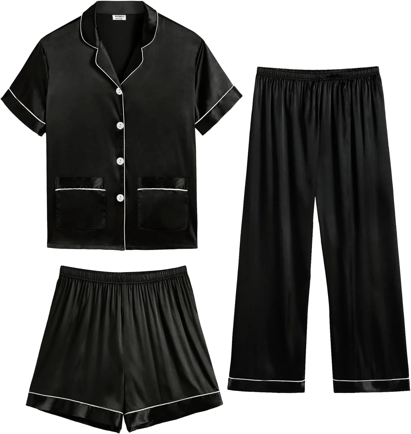 SWOMOG Kids Satin Pajamas Set 3Pcs Girls Boy Silk Pjs Set with 2 Pockets Short Sleeve Cute Button Down Sleepwear 4T-13T